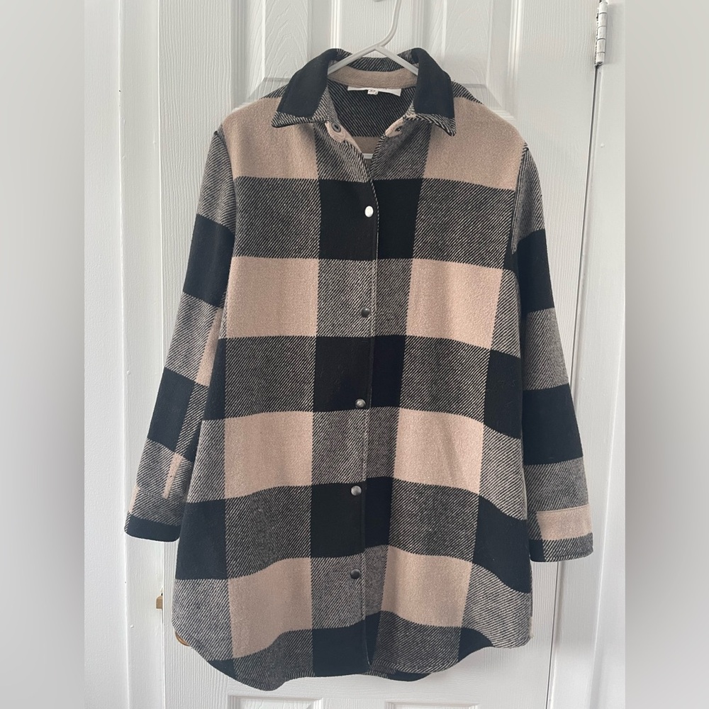 Steve Madden Black and Beige Plaid Oversized Pea Coat